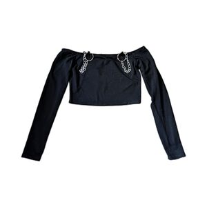 Goth Chain Bolero Crop Top | Y2K Grunge Alt Babe Off-Shoulder Black Long Sleeve
